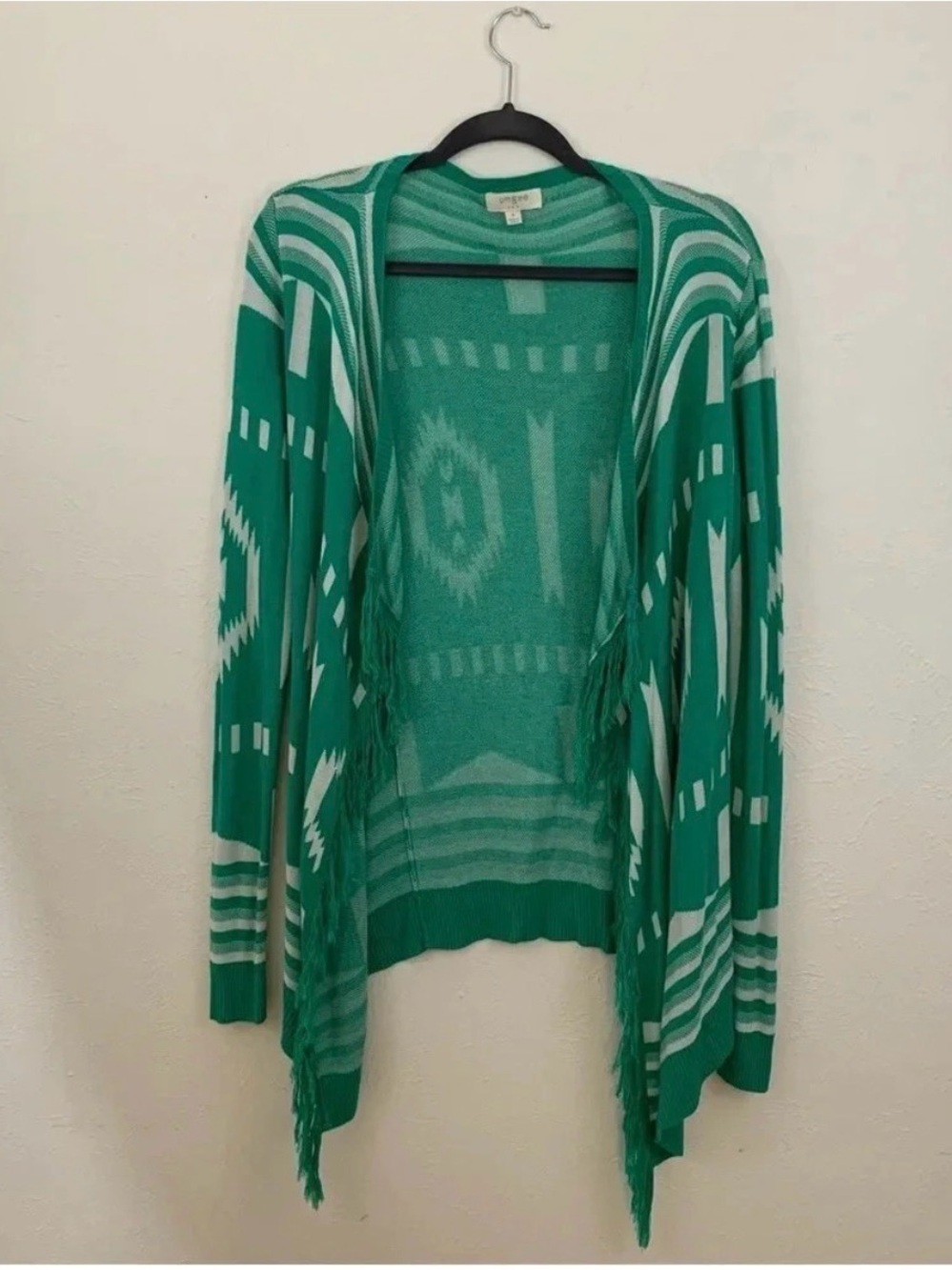 Umgee Green and Cream Aztec Open-Front Fringe Cardigan